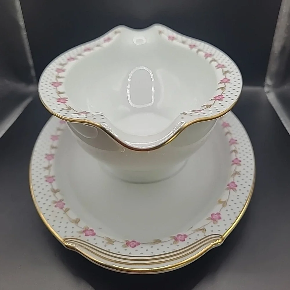 Vintage Noritake Elaine 5210 Gravy Boat Underplate‎ Pink Floral Gold Trim